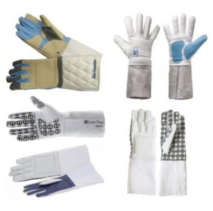 Various designs of protective gloves displayed.